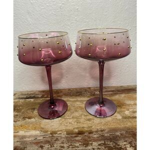 Cupcakes and Cashmere Studded Cocktail‎ Glasses Handmade Pink Tint Gold Rim NEW